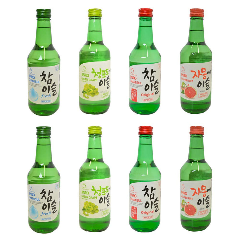 Soju Jinro, 4 sabores (Chamisul Fresh, Classic, Toronja y Uva Verde) en 8 botellas de 360ml cada