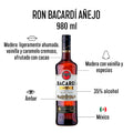 RON BACARDÍ AÑEJO 980 ML, Añejado por 3 Años, Sabor Suave y Amaderado, Ideal para Coctelería