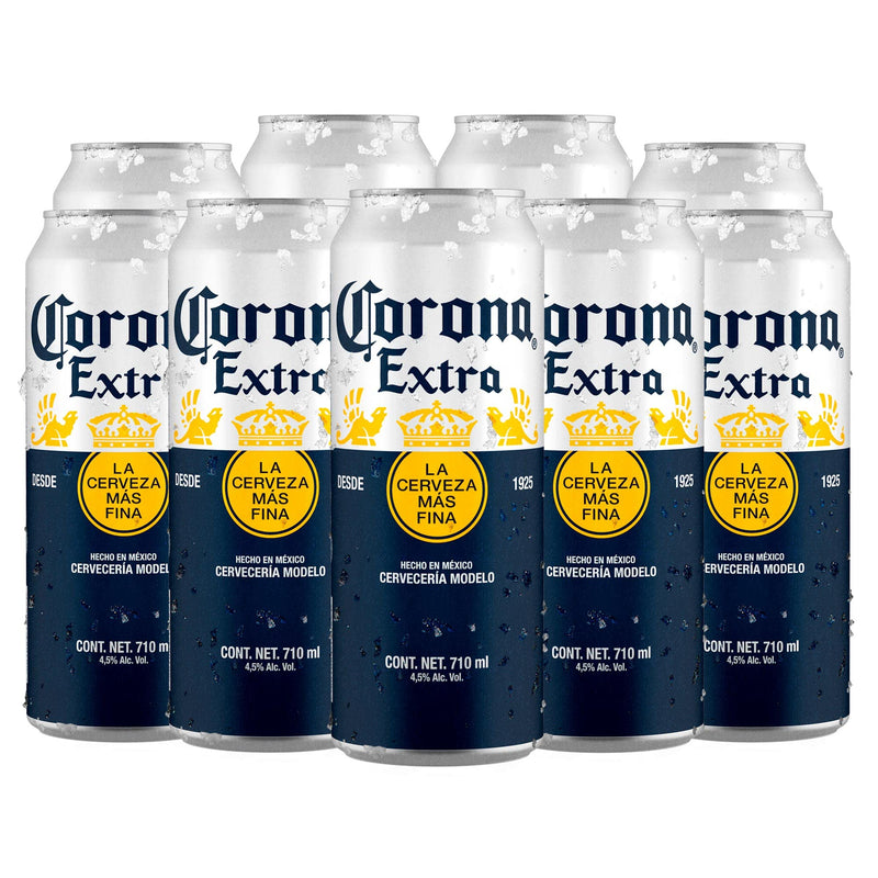 Cerveza Clara Corona Extra tipo Pilsner paquete de 12 latones de 710ml, disfruta su auténtico sabor ligeramente amargo y Fresco, disfrutala fría.
