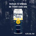 Cerveza Clara Corona Extra tipo Pilsner paquete de 12 latones de 710ml, disfruta su auténtico sabor ligeramente amargo y Fresco, disfrutala fría.